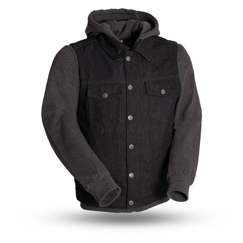 Rook - Men's Motorcycle Denim Vest with Gray/Black Base Hoodie