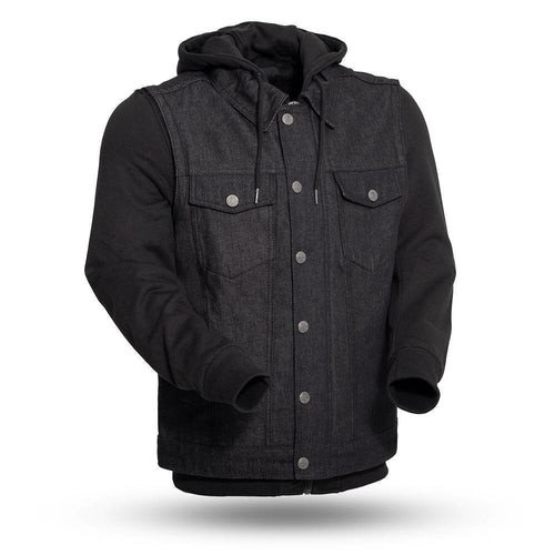 Rook - Men's Motorcycle Denim Vest with Gray/Black Base Hoodie