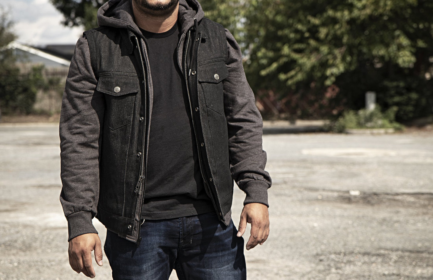 Rook - Men's Motorcycle Denim Vest with Gray/Black Base Hoodie